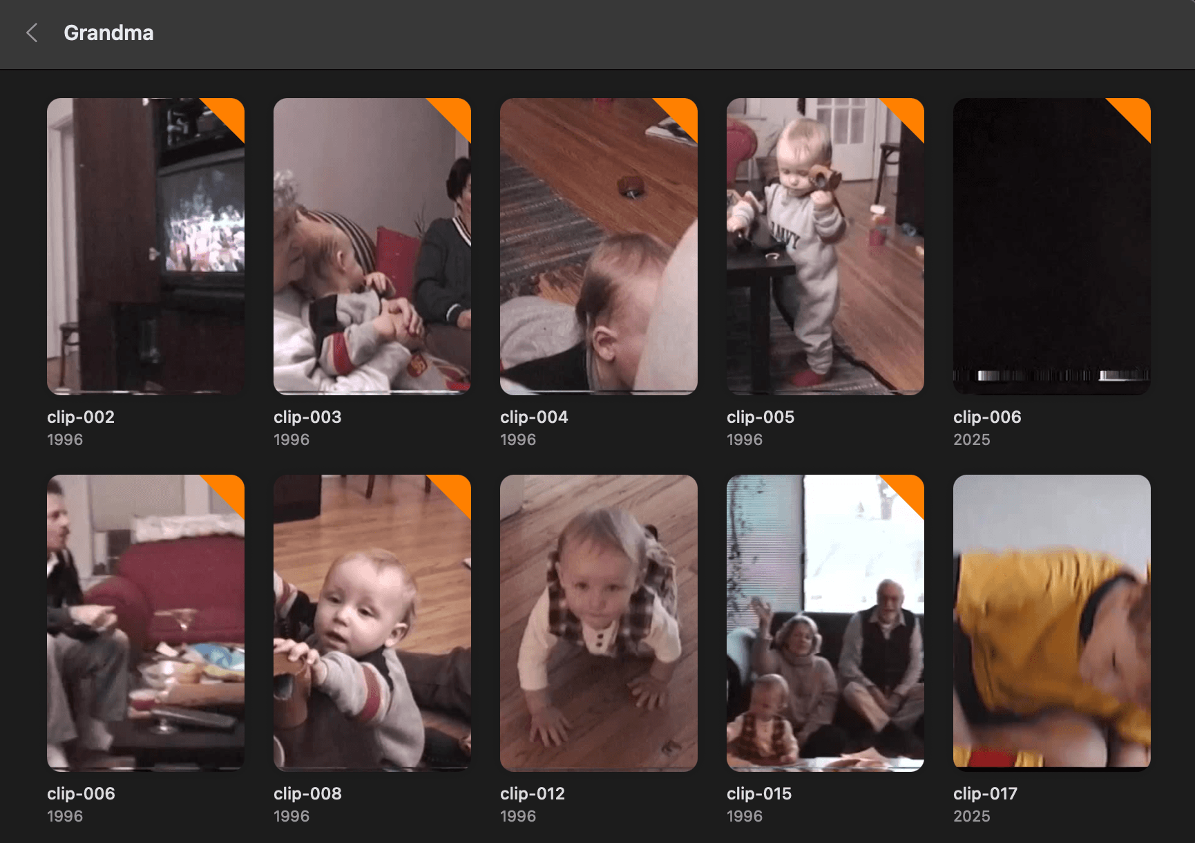 Searchable clip library organized by family members and events